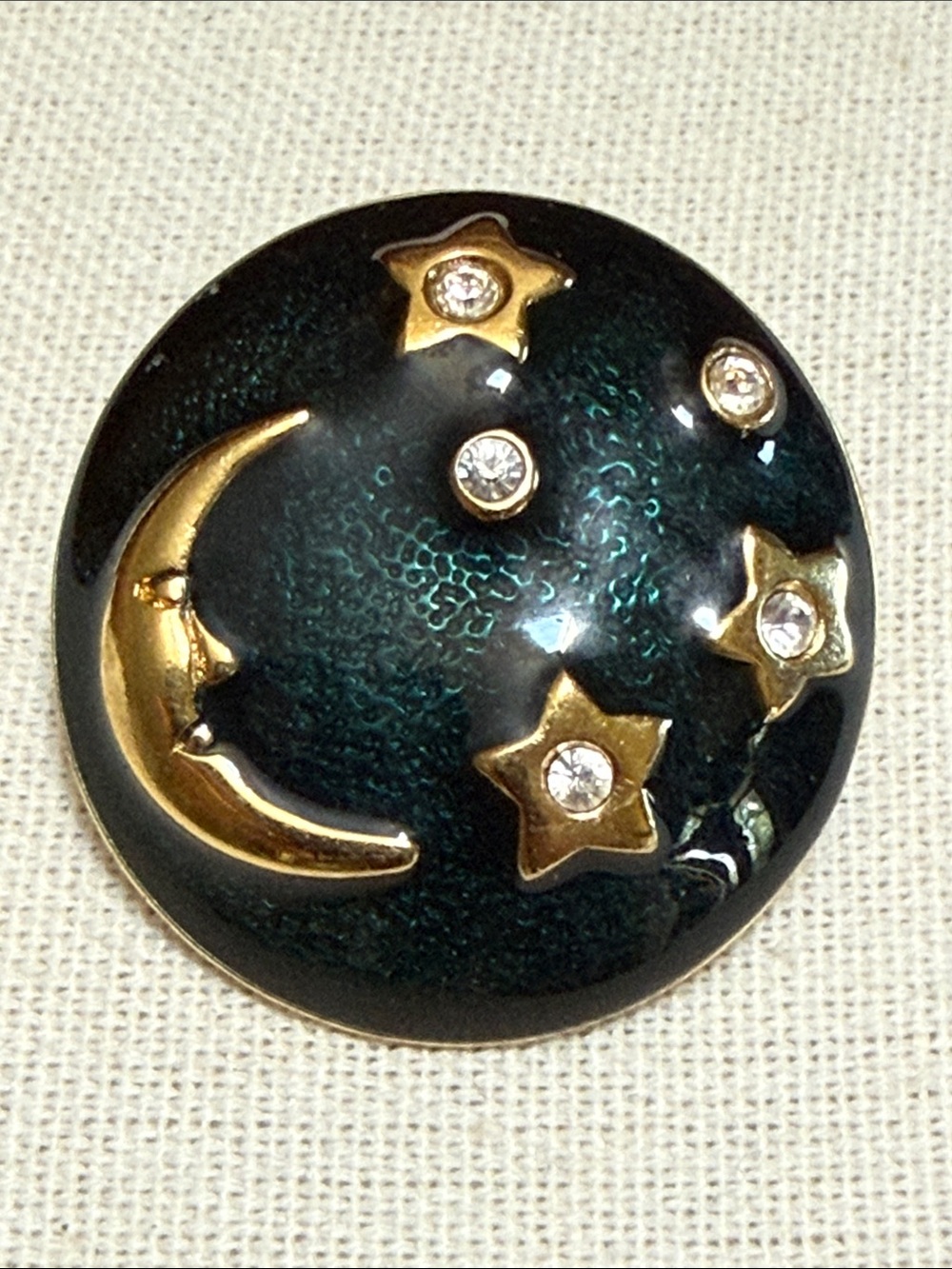 Vintage 80s Dark Teal Enamel Celestial Moon & Stars Dome Brooch Pin